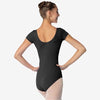 Back view of a black adult cap sleeve leotard showing a mid-back design