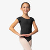 Child dancer wearing black cap sleeve ballet leotard with rounded neckline.