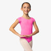 Child dancer wearing dark pink cap sleeve ballet leotard with rounded neckline.