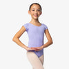 Child dancer wearing lilac cap sleeve ballet leotard with rounded neckline.