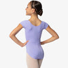 Child dancer wearing lilac cap sleeve ballet leotard with rounded neckline.