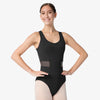 Front view of black tank leotard with mesh inserts worn by model
