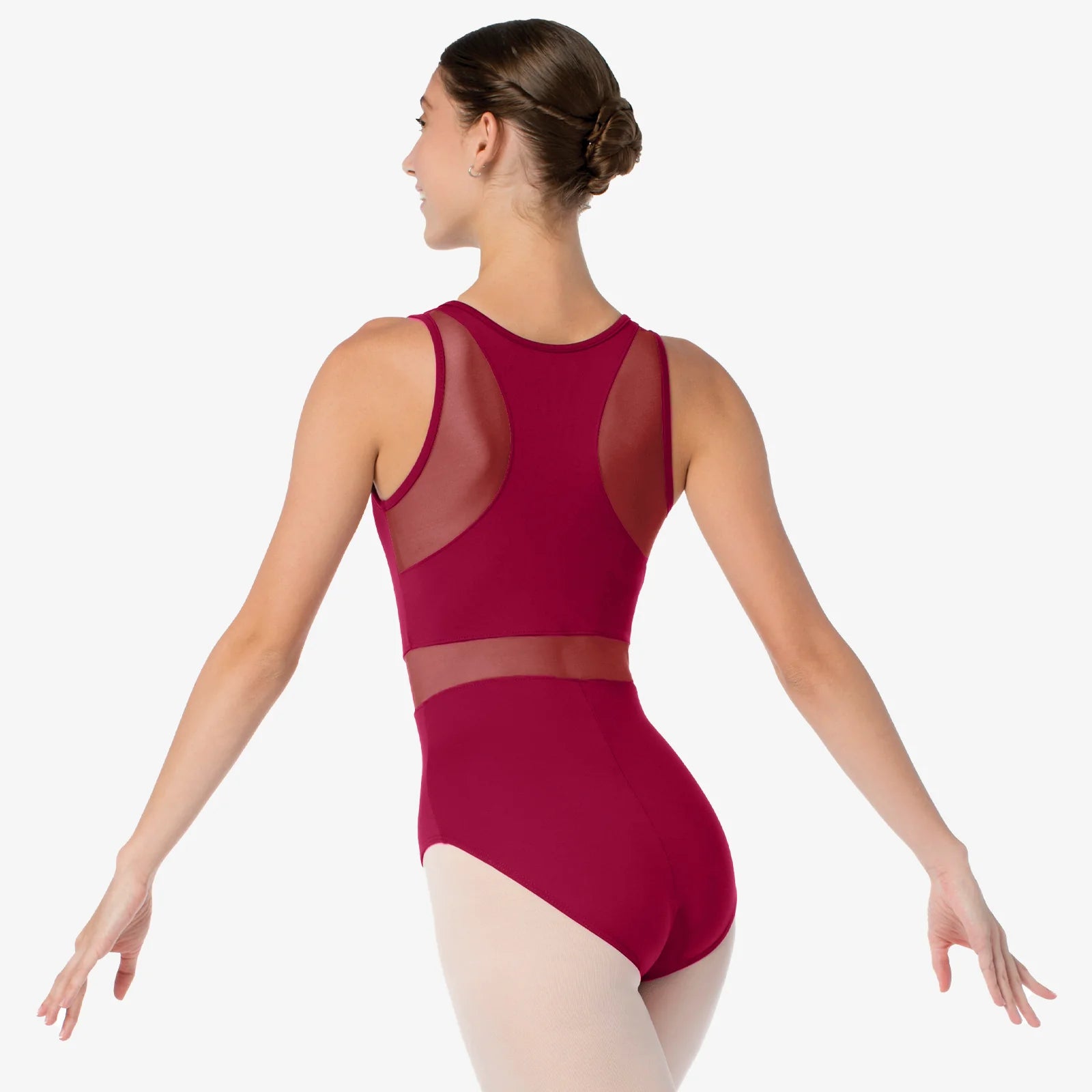 Back view of red tank leotard with mesh panel detail worn by model