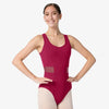 Model wearing burgundy tank leotard with mesh insert detail