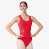 Model wearing red tank leotard with mesh insert detail