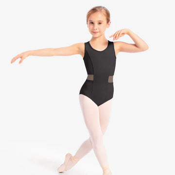 Child dancer wearing black mesh insert tank leotard front view