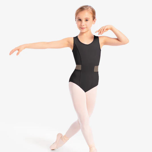 Child dancer wearing black mesh insert tank leotard front view