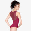 Burgundy mesh back tank dance leotard side view