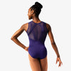 Back view of purple tank leotard with mesh back detail worn by model
