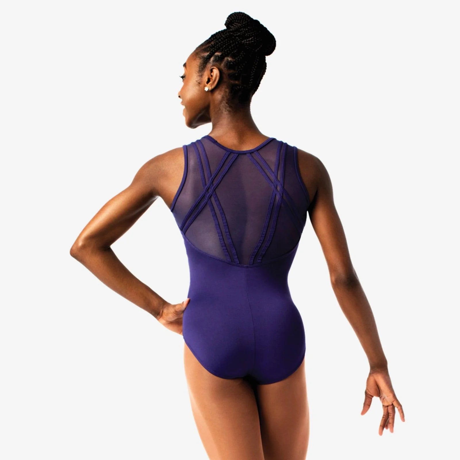 Back view of purple tank leotard with mesh back detail worn by model