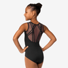 Back view of girls black tank leotard with mesh insert and strap detailing.