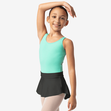 Child dancer wearing black pull-on skirt over a leotard