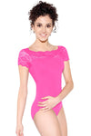 Dancer wearing a bright pink cap sleeve lace neckline leotard