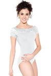 Dancer wearing a white cap sleeve leotard with lace neckline