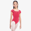 Child wearing red lace cap sleeve ballet leotard front view.
