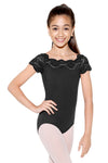 Child wearing black lace cap sleeve leotard with scalloped neckline.
