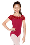 Child wearing red lace cap sleeve leotard with scalloped neckline.
