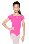 Child wearing dark pink lace cap sleeve leotard.