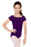 Child wearing purple lace cap sleeve leotard.