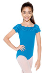 Child wearing sky blue lace cap sleeve leotard.