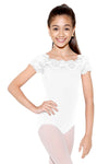 Child wearing white lace cap sleeve leotard.