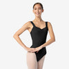 Adult dancer wearing black wide mesh strap leotard