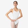 Adult dancer wearing white wide mesh strap leotard
