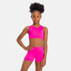 Young dancer wearing dark pink halter dance top with coordinating dance shorts