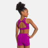 Young dancer modeling raspberry halter bralette dance top and matching shorts