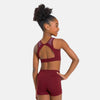 Back view of burgundy halter dance top showing open-back design and mesh shoulder straps