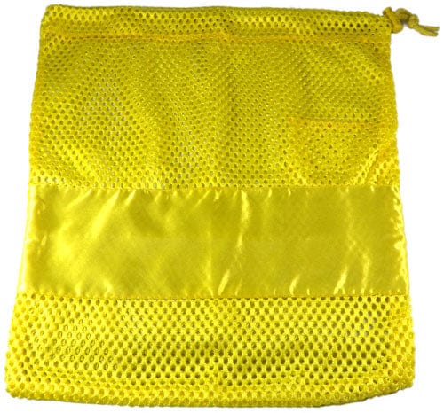 Large yellow mesh pointe shoe bag with drawstring closure
