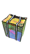 Side view of iridescent rolling dance tote with black trim