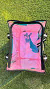 Top view of iridescent rolling dance tote