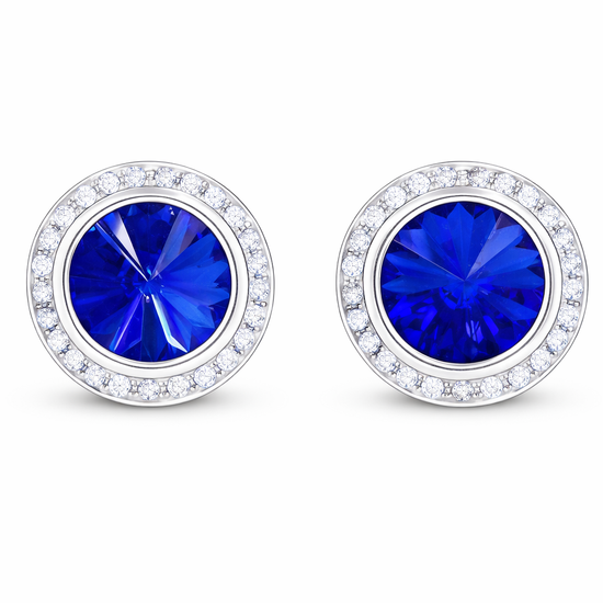 Sapphire rondel dance earrings with rivoli center shown as a pair on a white background.