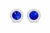 Sapphire rondel dance earrings with rivoli center shown as a pair on a white background.