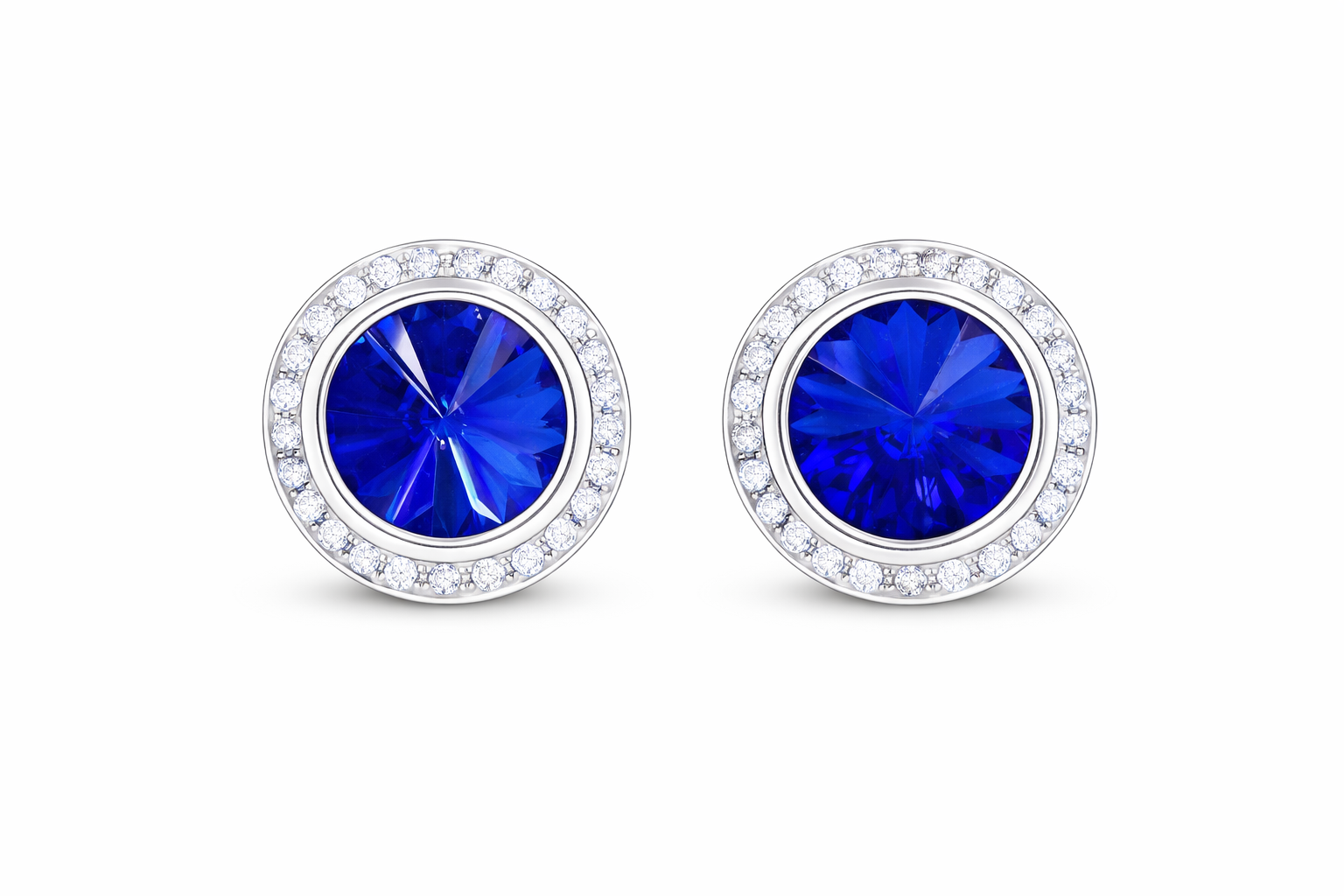 Sapphire rondel dance earrings with rivoli center shown as a pair on a white background.