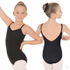 Black child camisole dance leotard with pinch front shown from the front and back
