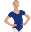 Royal blue child short sleeve dance leotard worn by a dancer facing forward