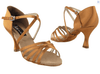 Dark tan satin women’s ballroom shoe with strappy design shown at an angle