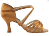 Side view of dark tan satin ballroom shoe showing heel and straps