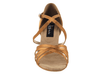 Front view of dark tan satin ballroom shoe showing toe and strap layout