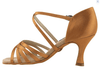 Angled side view of dark tan satin ballroom shoe