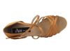 Top view of dark tan satin ballroom shoe