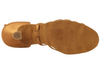 Bottom view of dark tan satin ballroom shoe showing sole