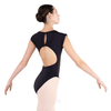 Girls black open back cap sleeve leotard full view
