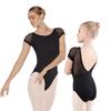 Girls black mesh cap sleeve leotard front view