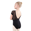 Girls black mesh cap sleeve leotard back view