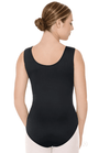 Back view of a child wearing a black tank leotard with moderate scoop back.