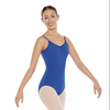 Royal blue adult camisole leotard with pinch-front neckline worn by dancer