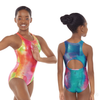 Front view of girls iridescent gymnastics leotard in Citrus colorway.